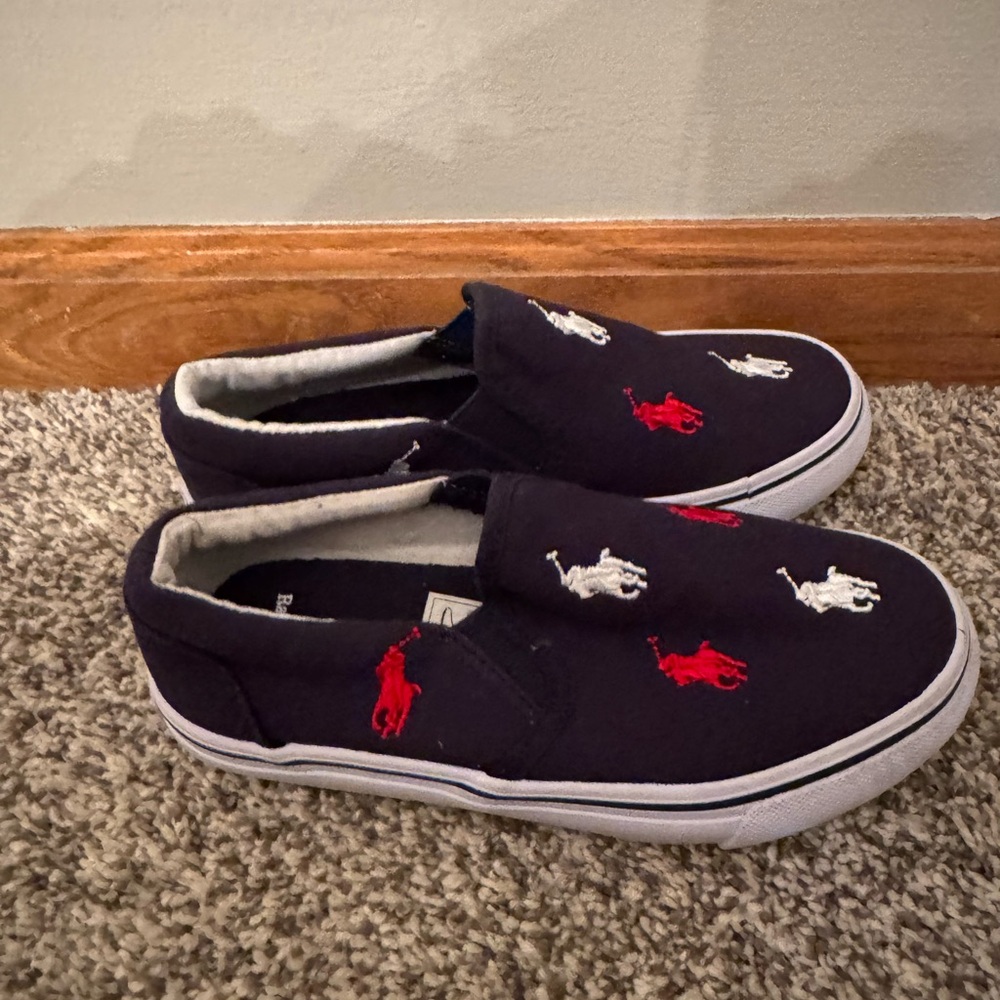 Polo Ralph Lauren Boys Slip loafers Navy with white red horse logos Size 12